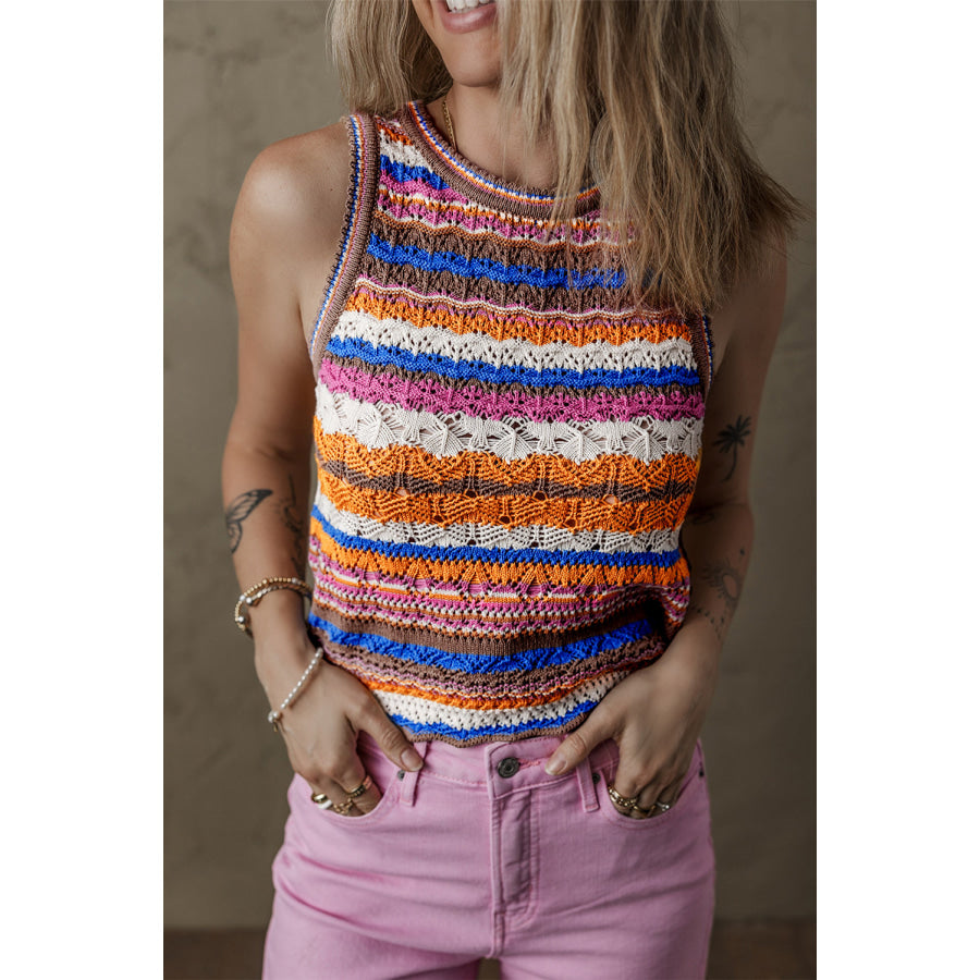 Dark Blue Striped Textured Knit Crew Neck Sweater Vest Dark Blue / S / 100% Cotton Sweaters & Cardigans/Sweater Vests
