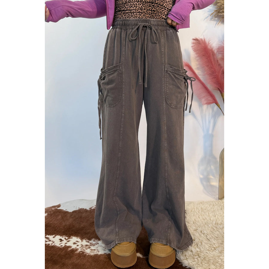 Dark Brown Cotton Mineral Wash Elastic Waist Drawstring Tie Detail Cargo Pants Bottoms/Pants & Culotte