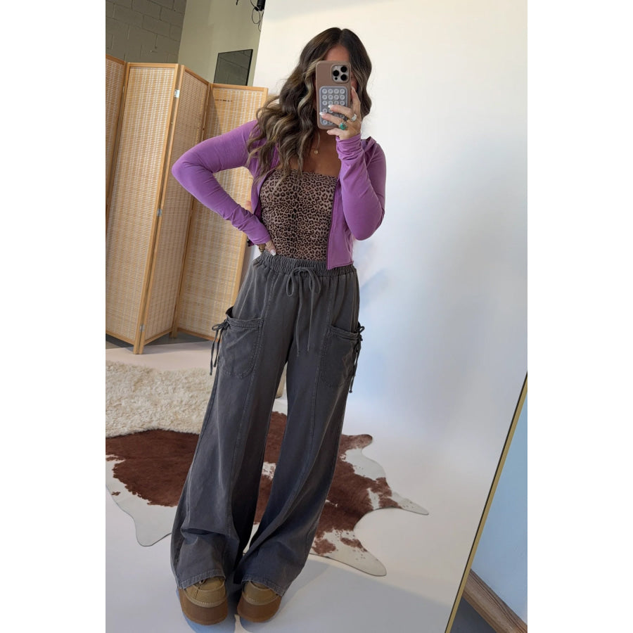 Dark Brown Cotton Mineral Wash Elastic Waist Drawstring Tie Detail Cargo Pants Bottoms/Pants & Culotte