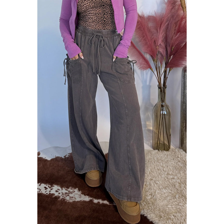 Dark Brown Cotton Mineral Wash Elastic Waist Drawstring Tie Detail Cargo Pants Bottoms/Pants & Culotte