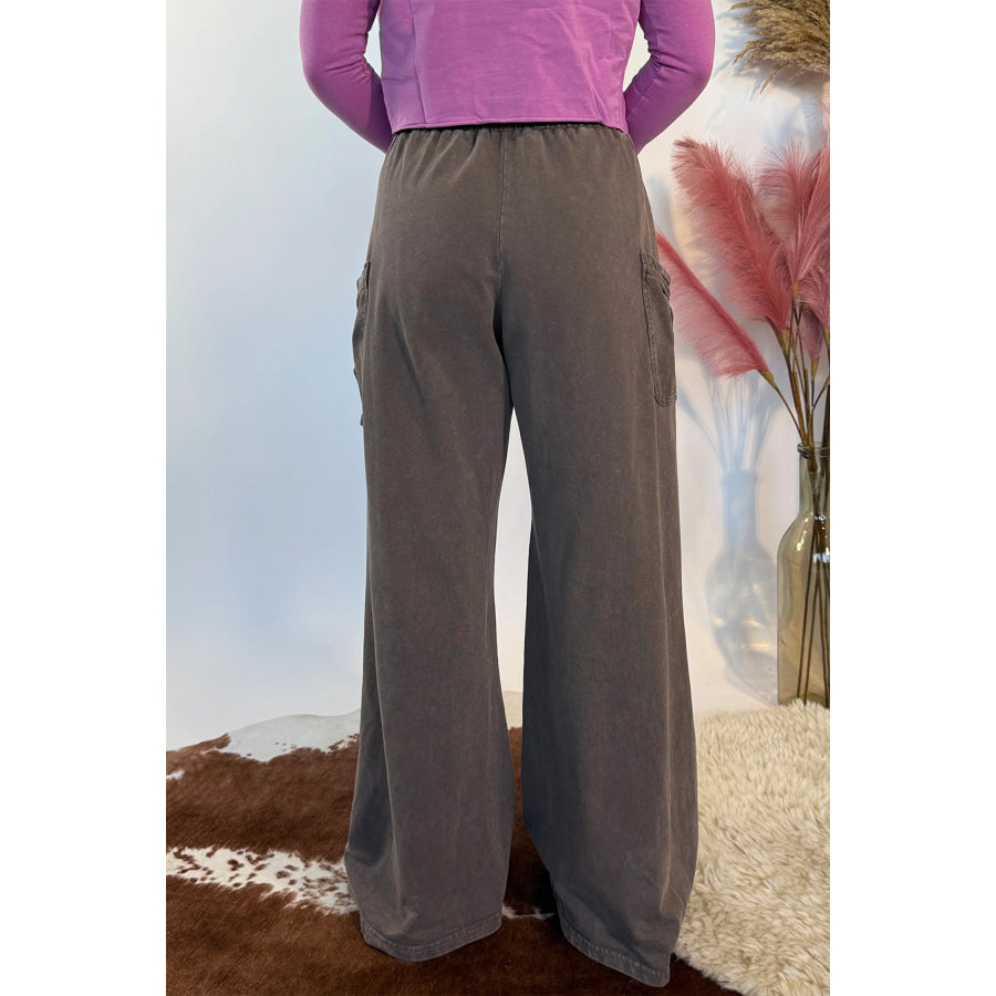 Dark Brown Cotton Mineral Wash Elastic Waist Drawstring Tie Detail Cargo Pants Bottoms/Pants & Culotte