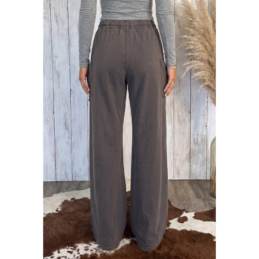 Dark Brown Cotton Mineral Wash Elastic Waist Drawstring Tie Detail Cargo Pants Bottoms/Pants & Culotte
