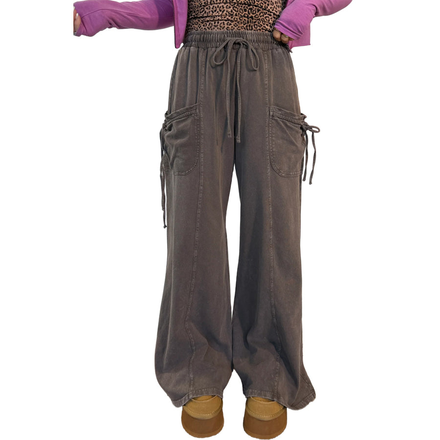 Dark Brown Cotton Mineral Wash Elastic Waist Drawstring Tie Detail Cargo Pants Bottoms/Pants & Culotte