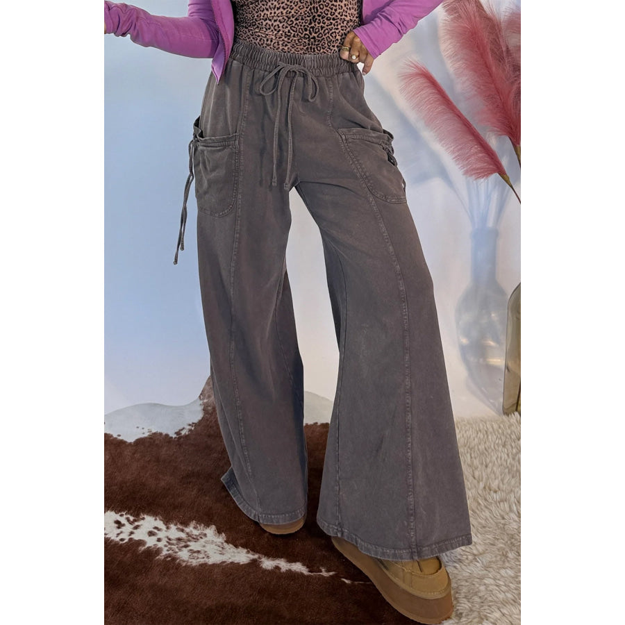 Dark Brown Cotton Mineral Wash Elastic Waist Drawstring Tie Detail Cargo Pants Bottoms/Pants & Culotte