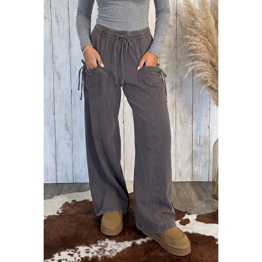 Dark Brown Cotton Mineral Wash Elastic Waist Drawstring Tie Detail Cargo Pants Dark Brown / S / 100% Cotton Bottoms/Pants & Culotte