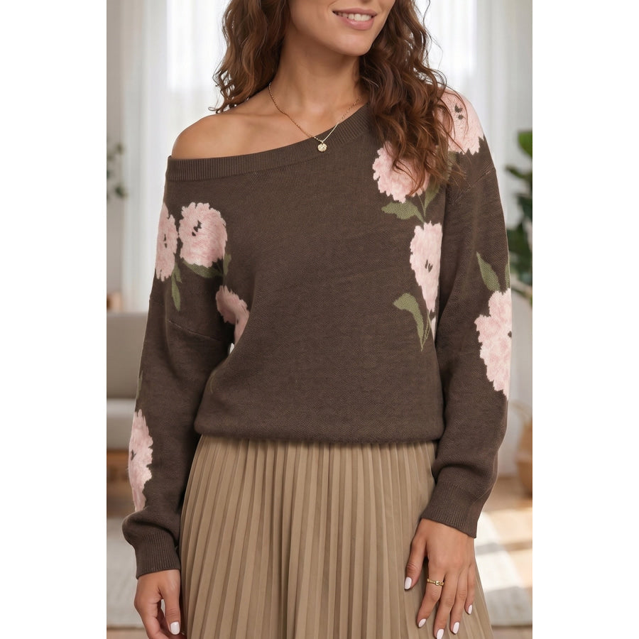 Dark Brown Floral Print Drop Shoulder Relaxed Pullover Sweater Dark Brown / S / 52% Viscose + 26% Polyester + 22% Polyamide Sweaters &