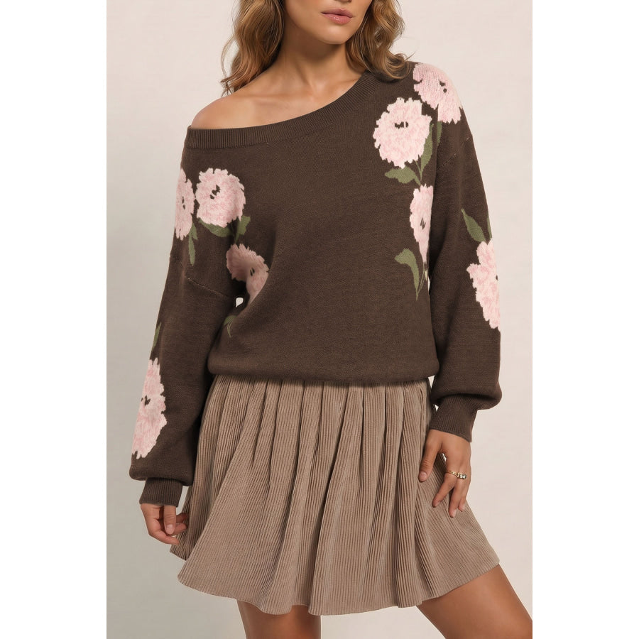 Dark Brown Floral Print Drop Shoulder Relaxed Pullover Sweater Dark Brown / S / 52% Viscose + 26% Polyester + 22% Polyamide Sweaters &