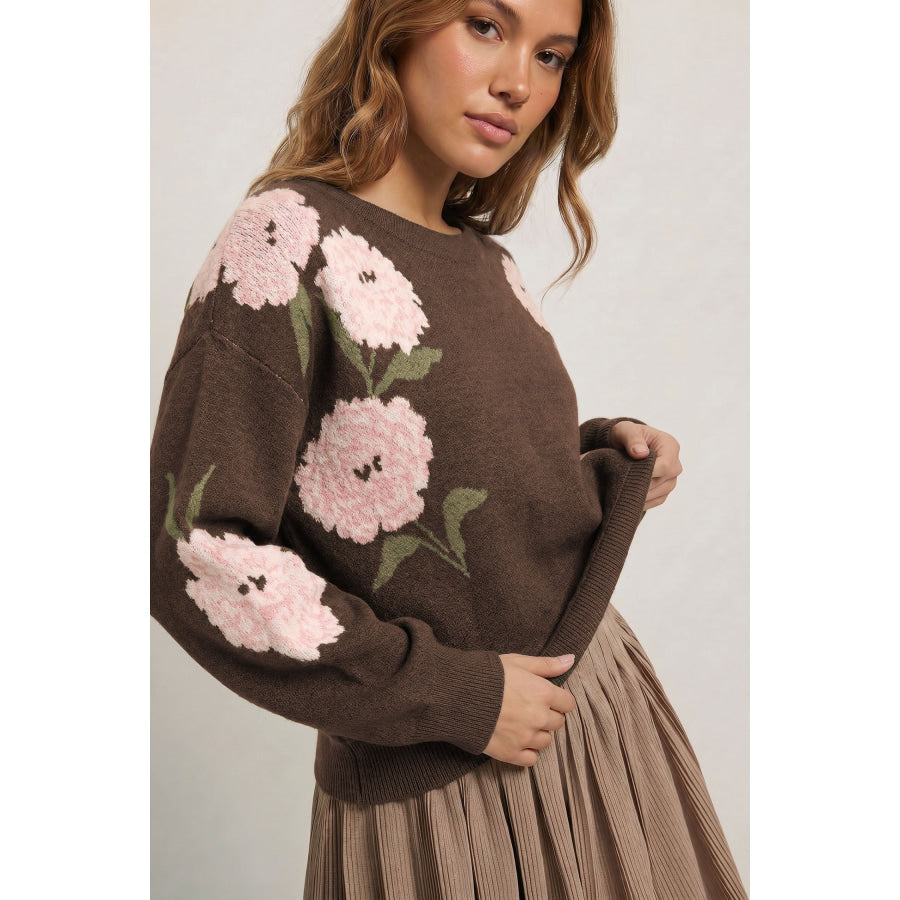 Dark Brown Floral Print Drop Shoulder Relaxed Pullover Sweater Sweaters & Cardigans/Sweaters
