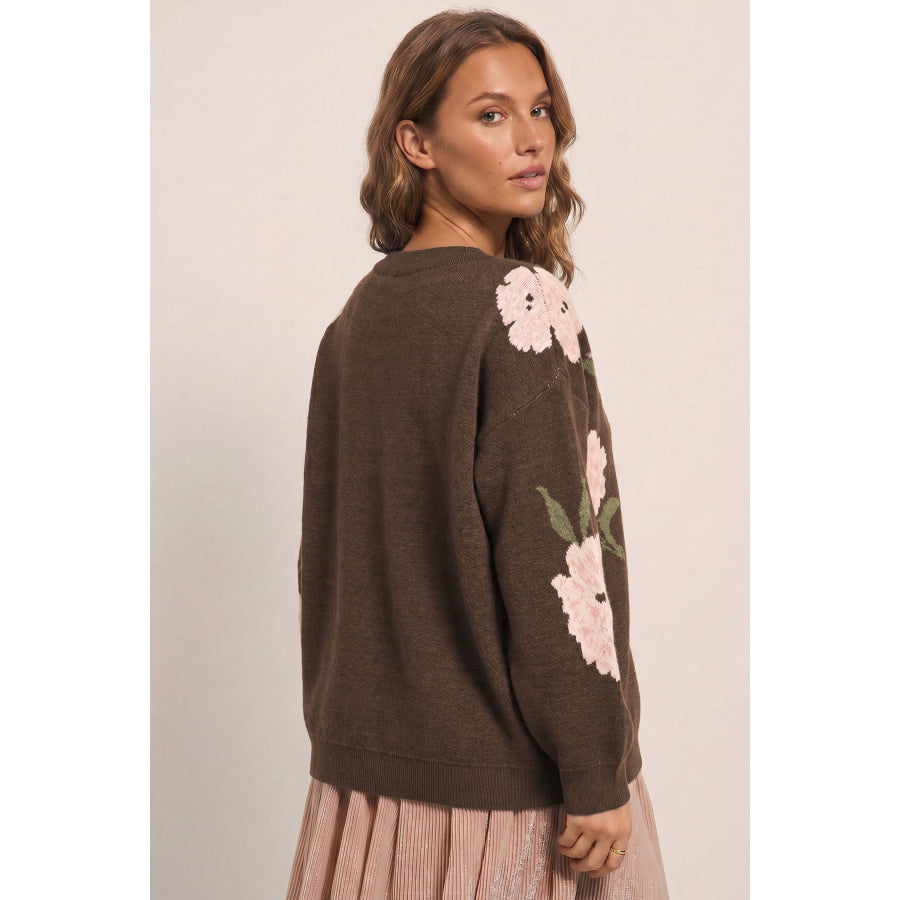 Dark Brown Floral Print Drop Shoulder Relaxed Pullover Sweater Sweaters & Cardigans/Sweaters