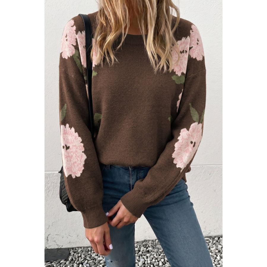 Dark Brown Floral Print Drop Shoulder Relaxed Pullover Sweater Sweaters & Cardigans/Sweaters
