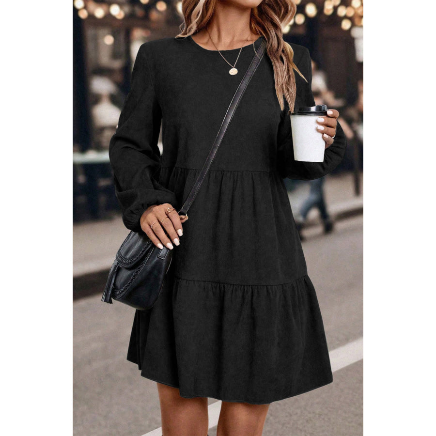 Dark Brown Lantern Sleeve Tiered Mini Dress Black / S / 100% Polyester Dresses/Mini Dresses
