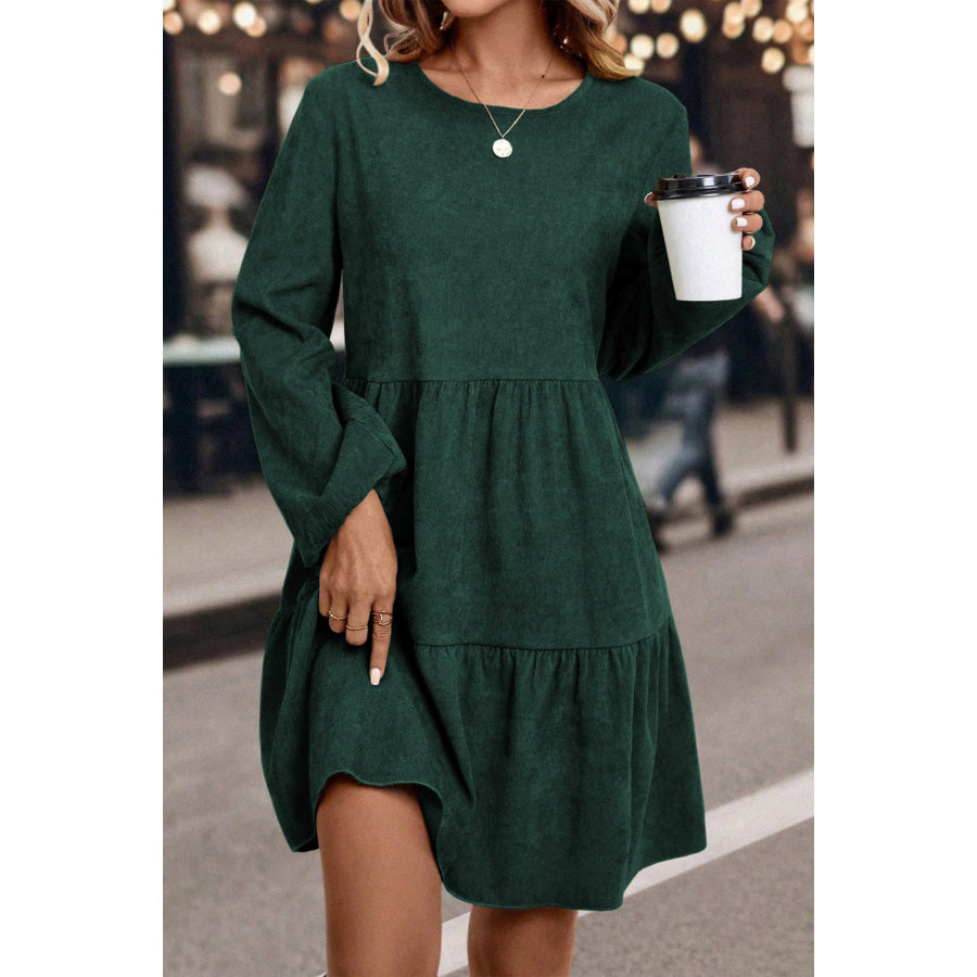 Dark Brown Lantern Sleeve Tiered Mini Dress Dresses/Mini Dresses