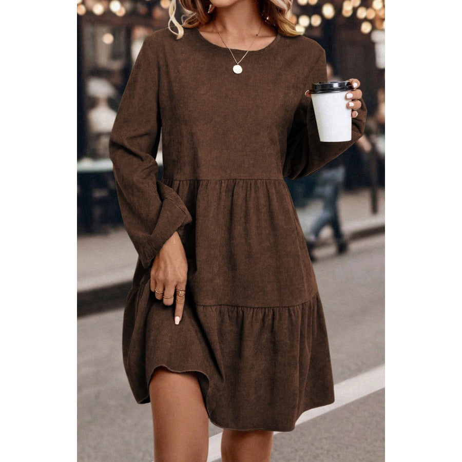 Dark Brown Lantern Sleeve Tiered Mini Dress Dresses/Mini Dresses