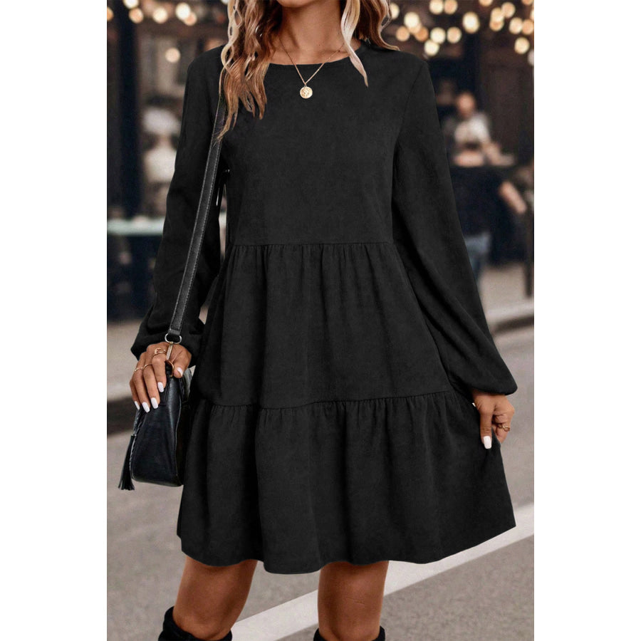 Dark Brown Lantern Sleeve Tiered Mini Dress Dresses/Mini Dresses