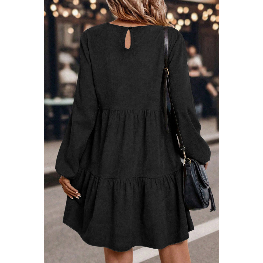 Dark Brown Lantern Sleeve Tiered Mini Dress Dresses/Mini Dresses
