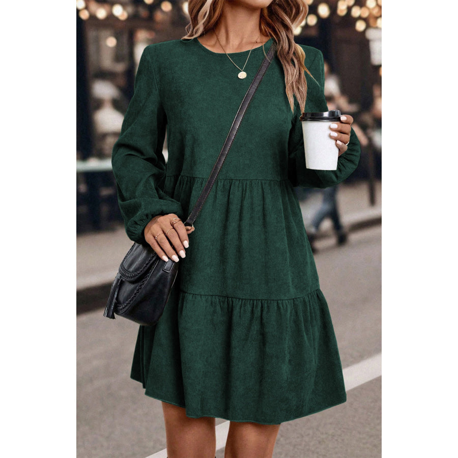 Dark Brown Lantern Sleeve Tiered Mini Dress Mist Green / S / 100% Polyester Dresses/Mini Dresses