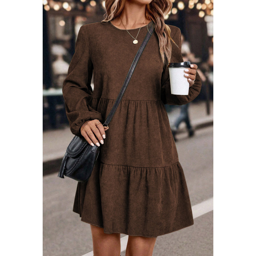 Dark Brown Lantern Sleeve Tiered Mini Dress Dark Brown / S / 100% Polyester Dresses/Mini Dresses