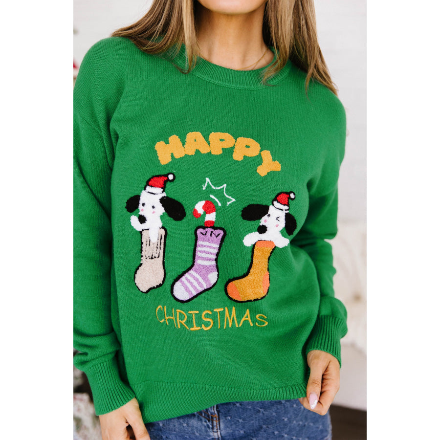 Dark Green Abstract Patch Embroidery Christmas Pullover Sweater Sweaters & Cardigans/Sweaters