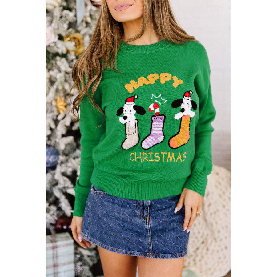 Dark Green Abstract Patch Embroidery Christmas Pullover Sweater Sweaters & Cardigans/Sweaters