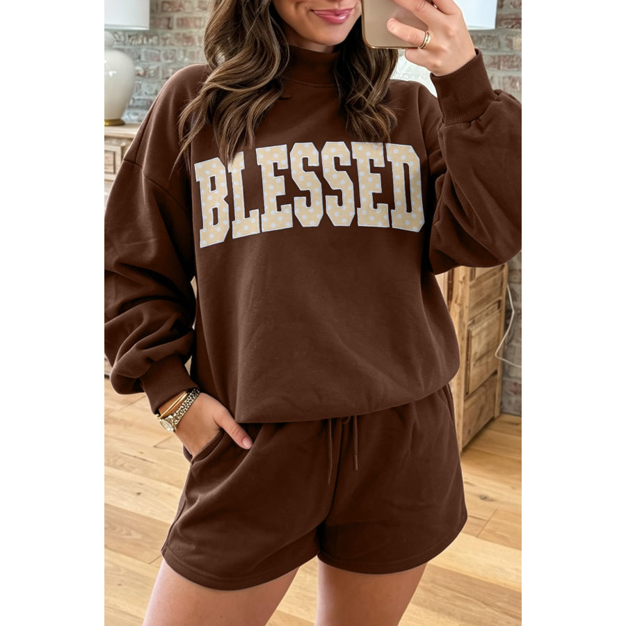 Dark Green Christmas Slogan Print Mock Neck Pullover and Shorts Set Coffee / S Two Piece Sets/Short Sets