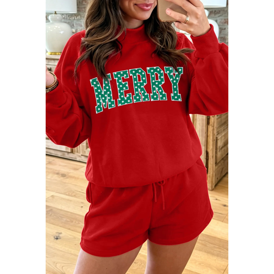 Dark Green Christmas Slogan Print Mock Neck Pullover and Shorts Set Red / S Two Piece Sets/Short Sets