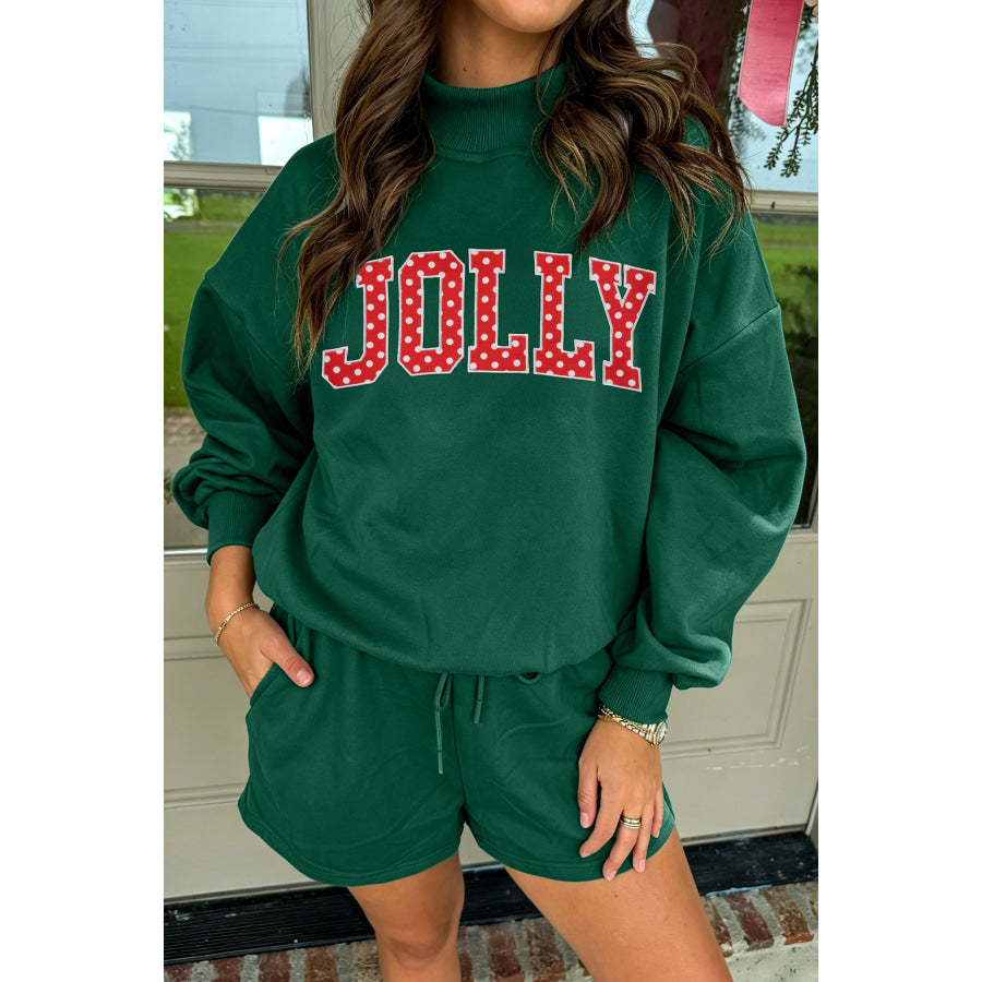 Dark Green Christmas Slogan Print Mock Neck Pullover and Shorts Set Two Piece Sets/Short Sets