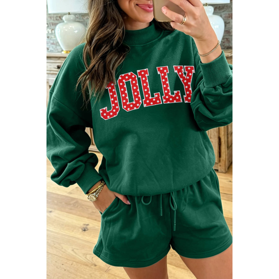 Dark Green Christmas Slogan Print Mock Neck Pullover and Shorts Set Two Piece Sets/Short Sets