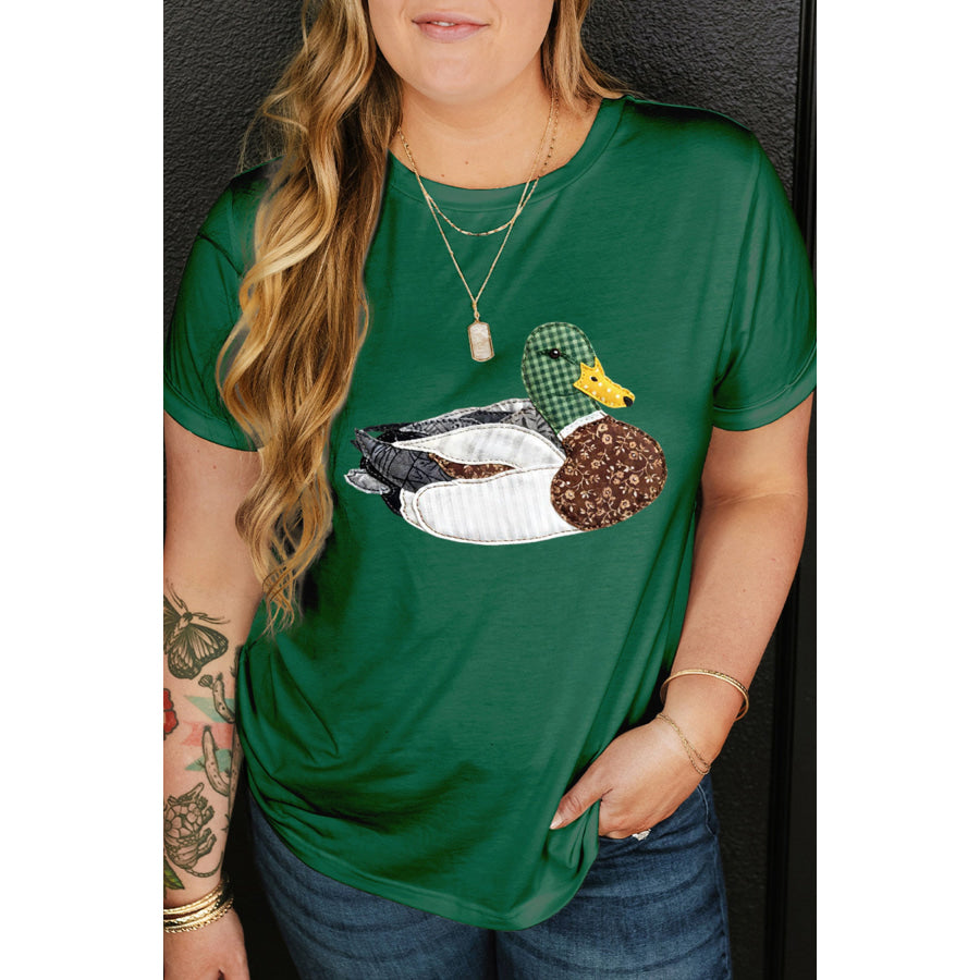 Dark Green Faux Patchwork Mallard Duck Plus Size Graphic Tee Dark Green / 1X / 65% Polyester + 30% Viscose + 5% Elastane Plus Size/Plus