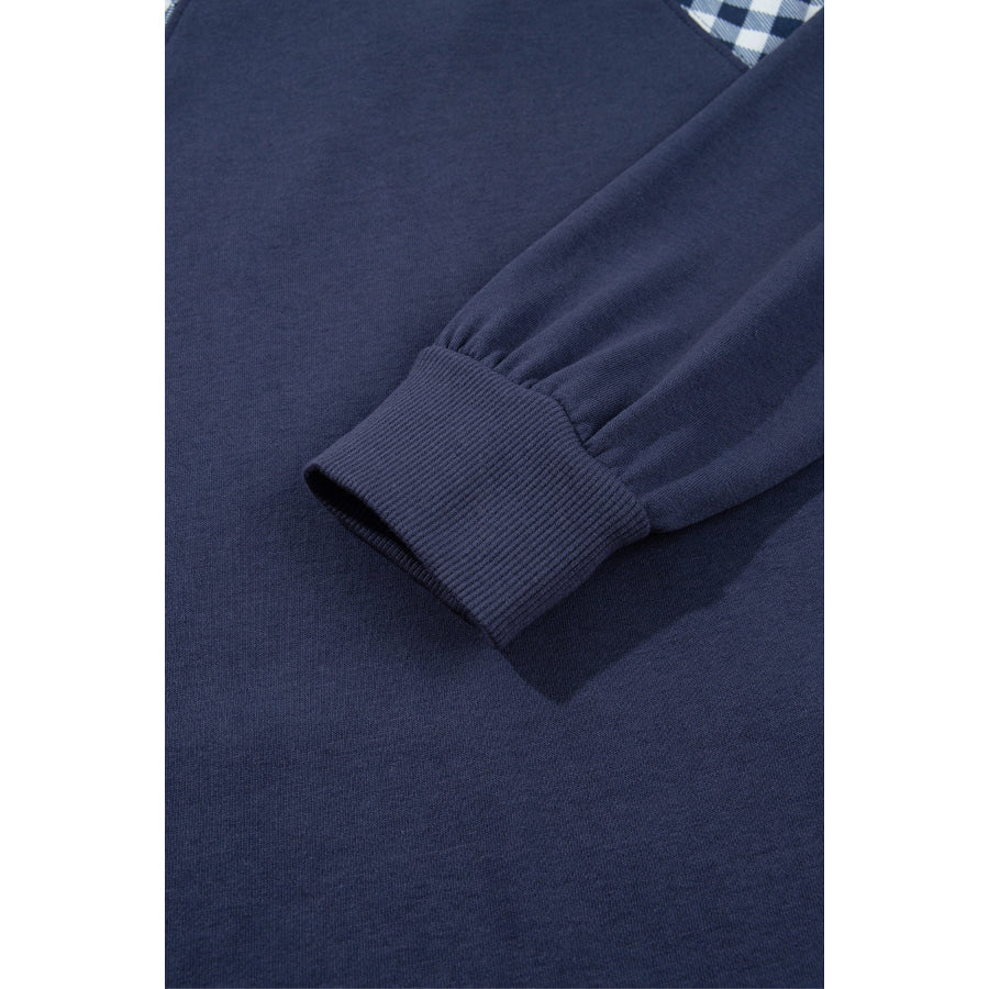 Dark Green Patchwork Plaid Pocket Quarter Zip Sweatshirt Tops/Sweatshirts & Hoodies