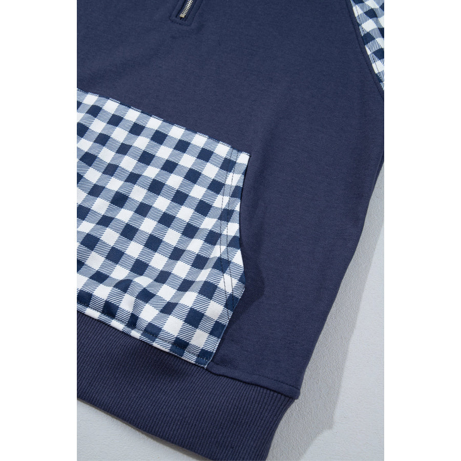 Dark Green Patchwork Plaid Pocket Quarter Zip Sweatshirt Tops/Sweatshirts & Hoodies