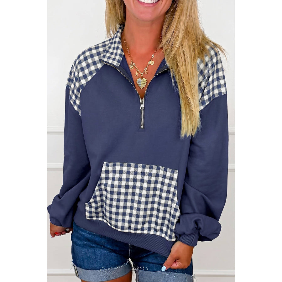 Dark Green Patchwork Plaid Pocket Quarter Zip Sweatshirt Tops/Sweatshirts & Hoodies