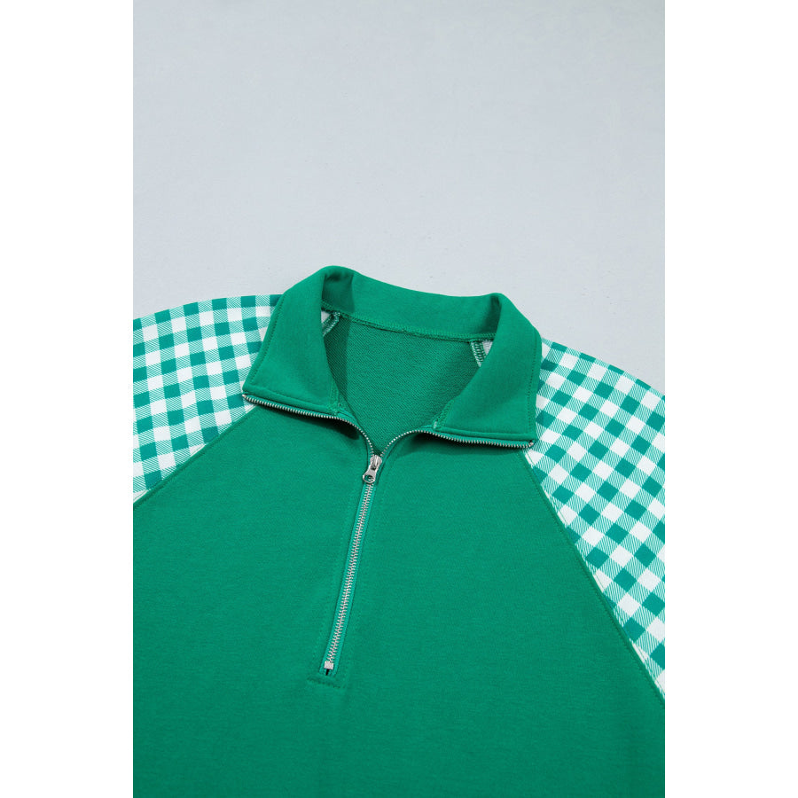 Dark Green Patchwork Plaid Pocket Quarter Zip Sweatshirt Tops/Sweatshirts & Hoodies