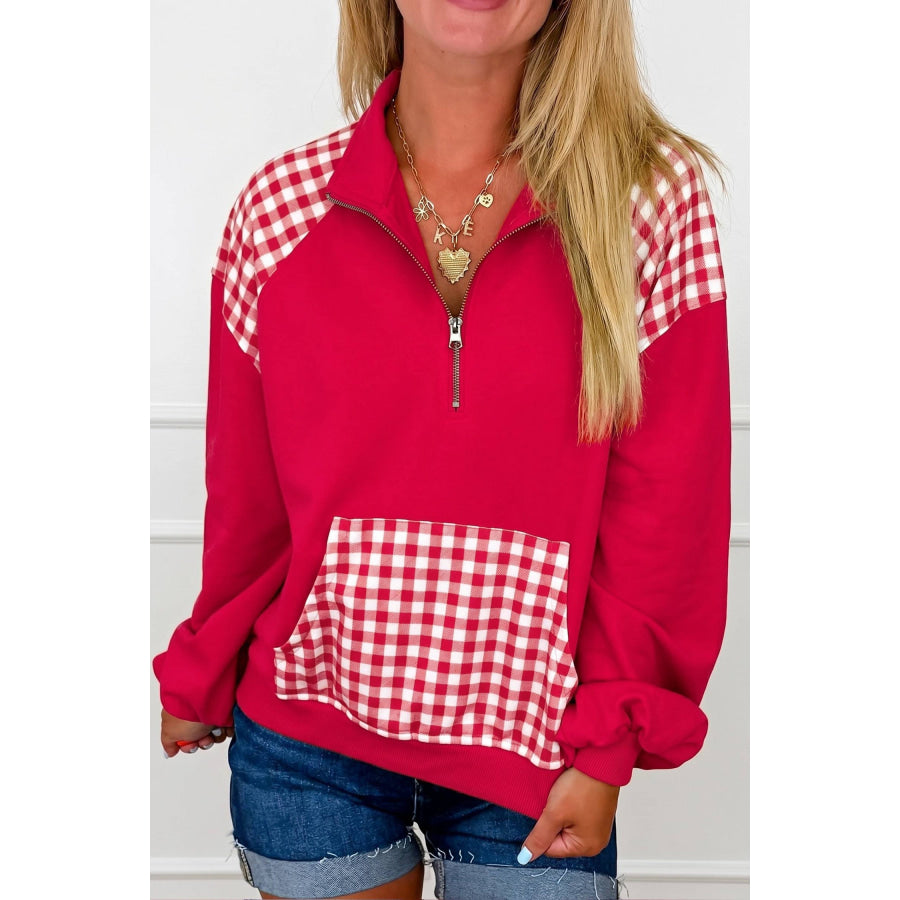 Dark Green Patchwork Plaid Pocket Quarter Zip Sweatshirt Tops/Sweatshirts & Hoodies