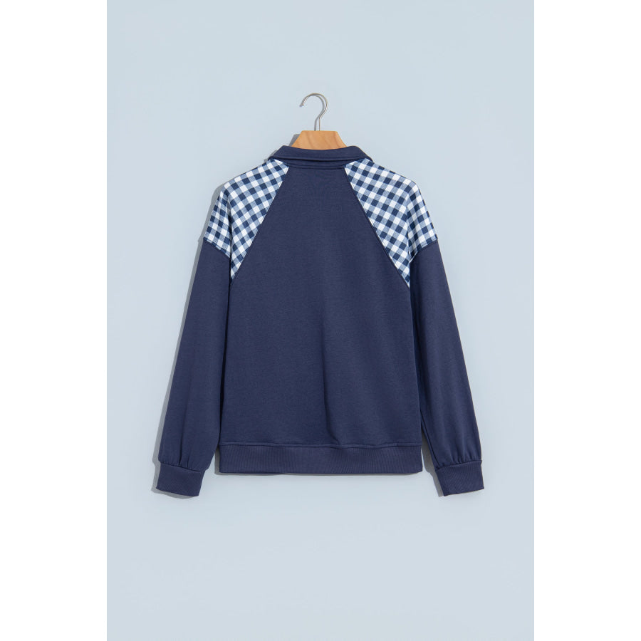 Dark Green Patchwork Plaid Pocket Quarter Zip Sweatshirt Tops/Sweatshirts & Hoodies