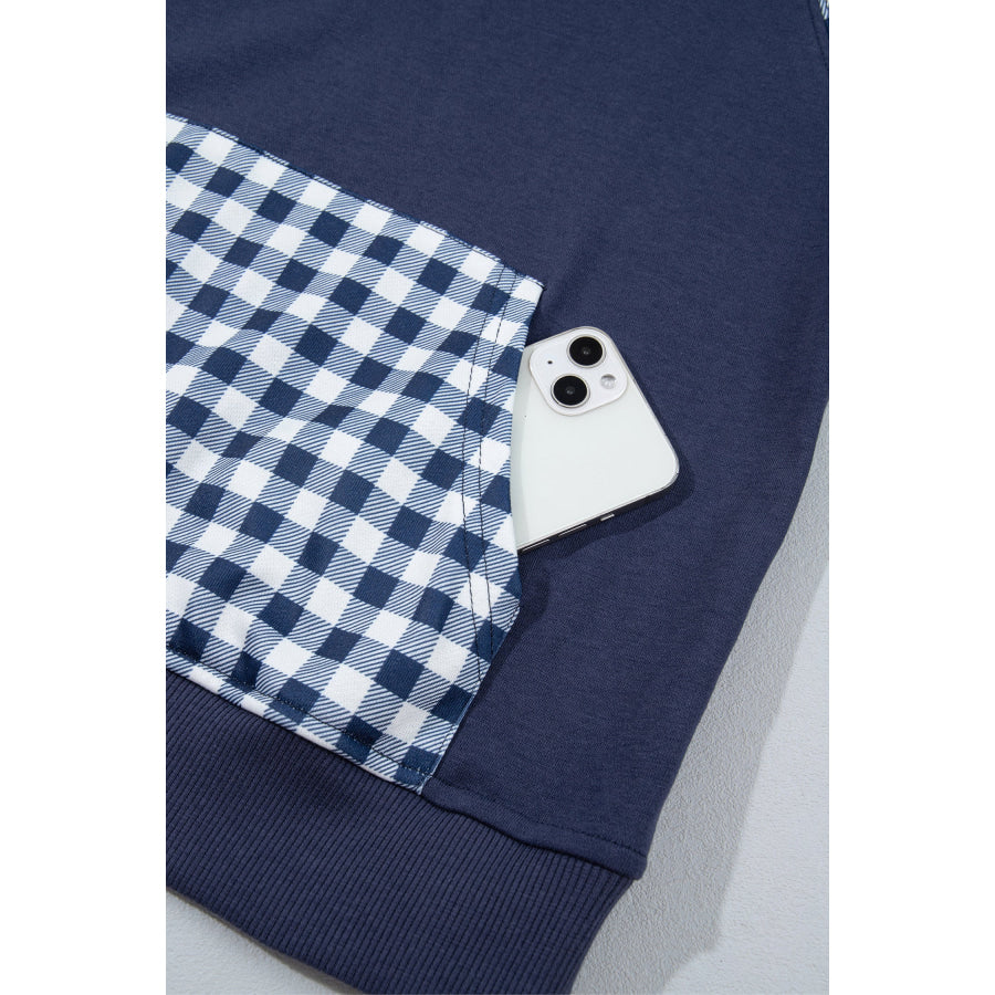 Dark Green Patchwork Plaid Pocket Quarter Zip Sweatshirt Tops/Sweatshirts & Hoodies