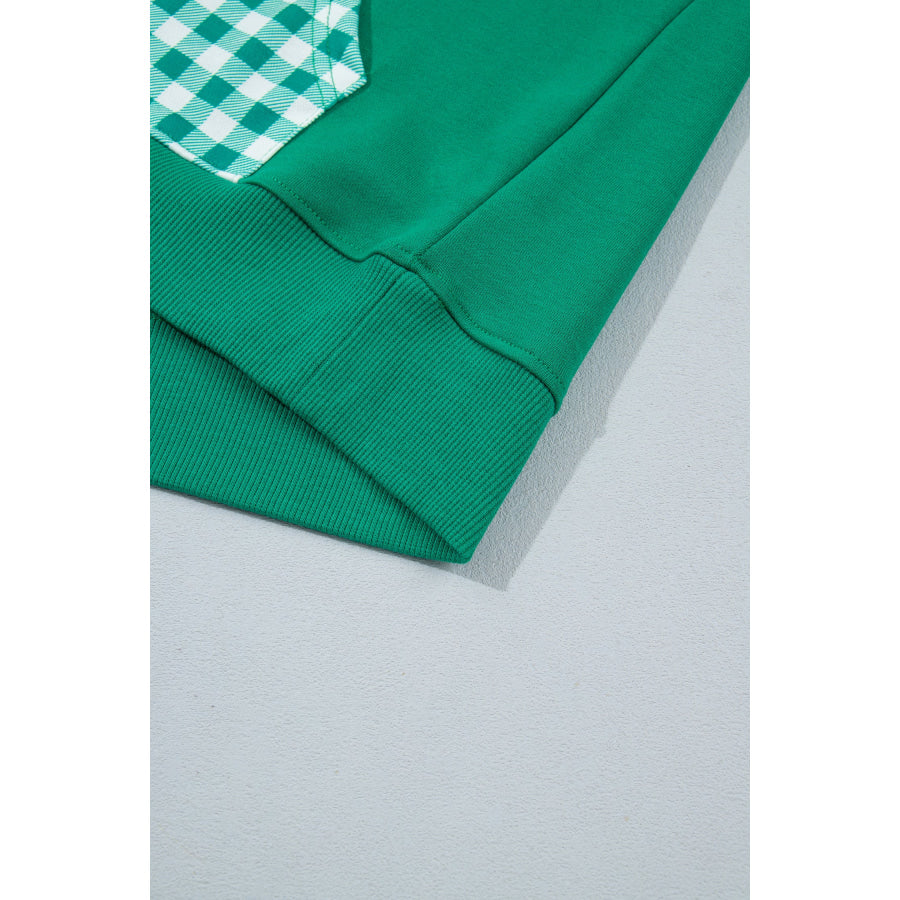 Dark Green Patchwork Plaid Pocket Quarter Zip Sweatshirt Tops/Sweatshirts & Hoodies