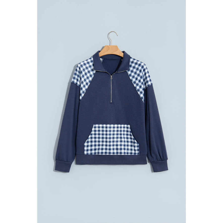 Dark Green Patchwork Plaid Pocket Quarter Zip Sweatshirt Tops/Sweatshirts & Hoodies