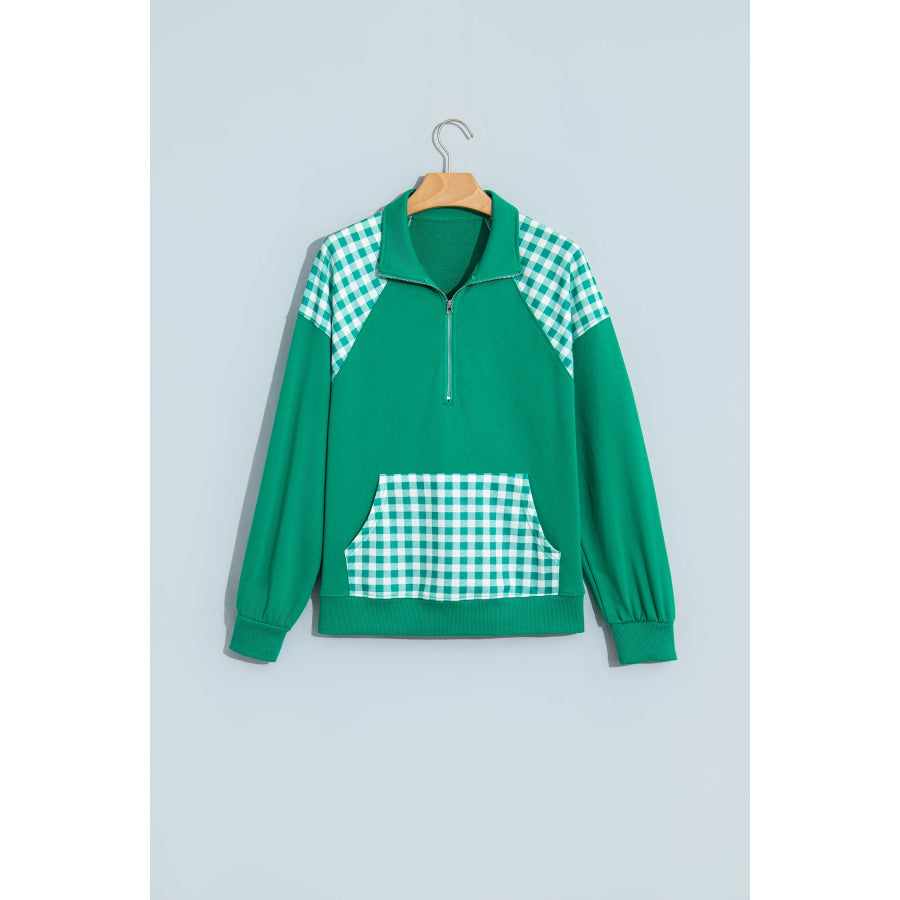 Dark Green Patchwork Plaid Pocket Quarter Zip Sweatshirt Tops/Sweatshirts & Hoodies