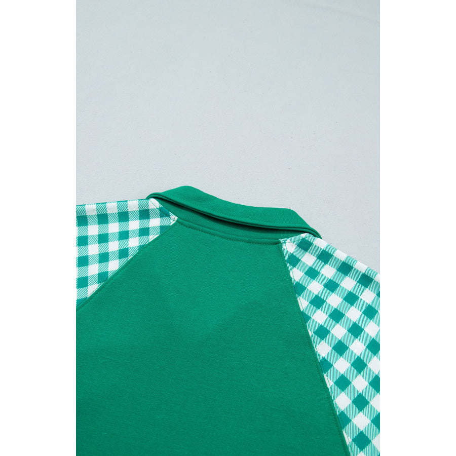 Dark Green Patchwork Plaid Pocket Quarter Zip Sweatshirt Tops/Sweatshirts & Hoodies