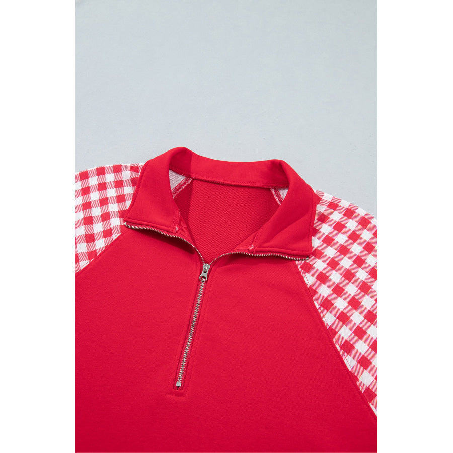 Dark Green Patchwork Plaid Pocket Quarter Zip Sweatshirt Tops/Sweatshirts & Hoodies