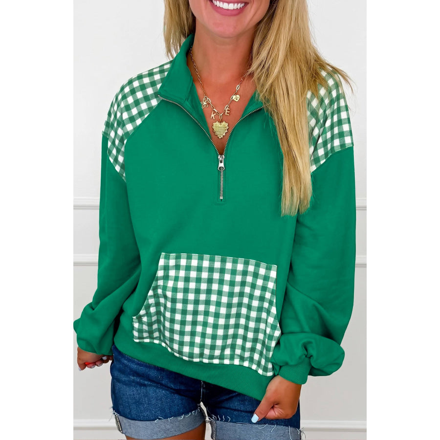 Dark Green Patchwork Plaid Pocket Quarter Zip Sweatshirt Tops/Sweatshirts & Hoodies