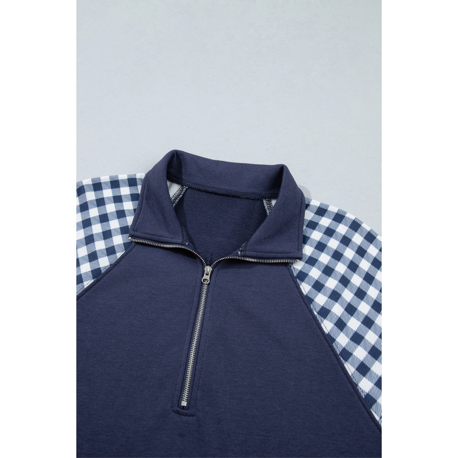 Dark Green Patchwork Plaid Pocket Quarter Zip Sweatshirt Tops/Sweatshirts & Hoodies