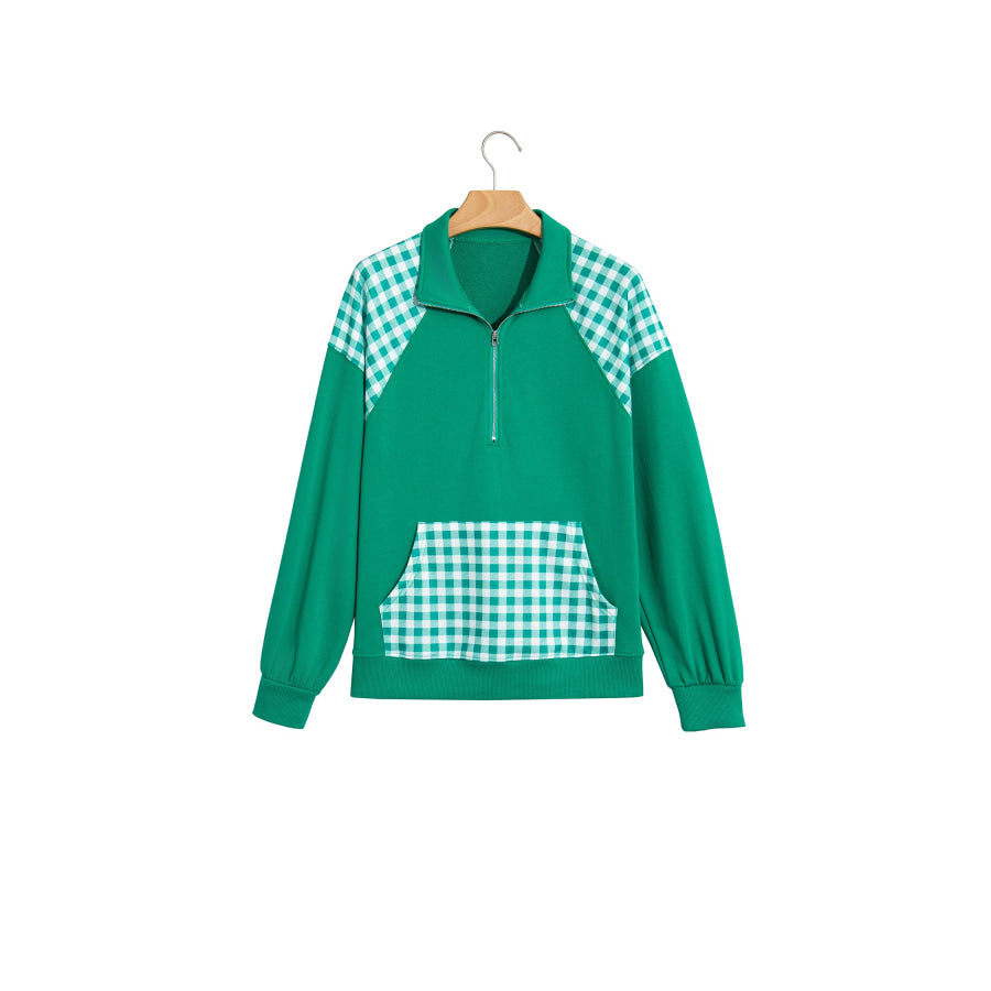 Dark Green Patchwork Plaid Pocket Quarter Zip Sweatshirt Tops/Sweatshirts & Hoodies