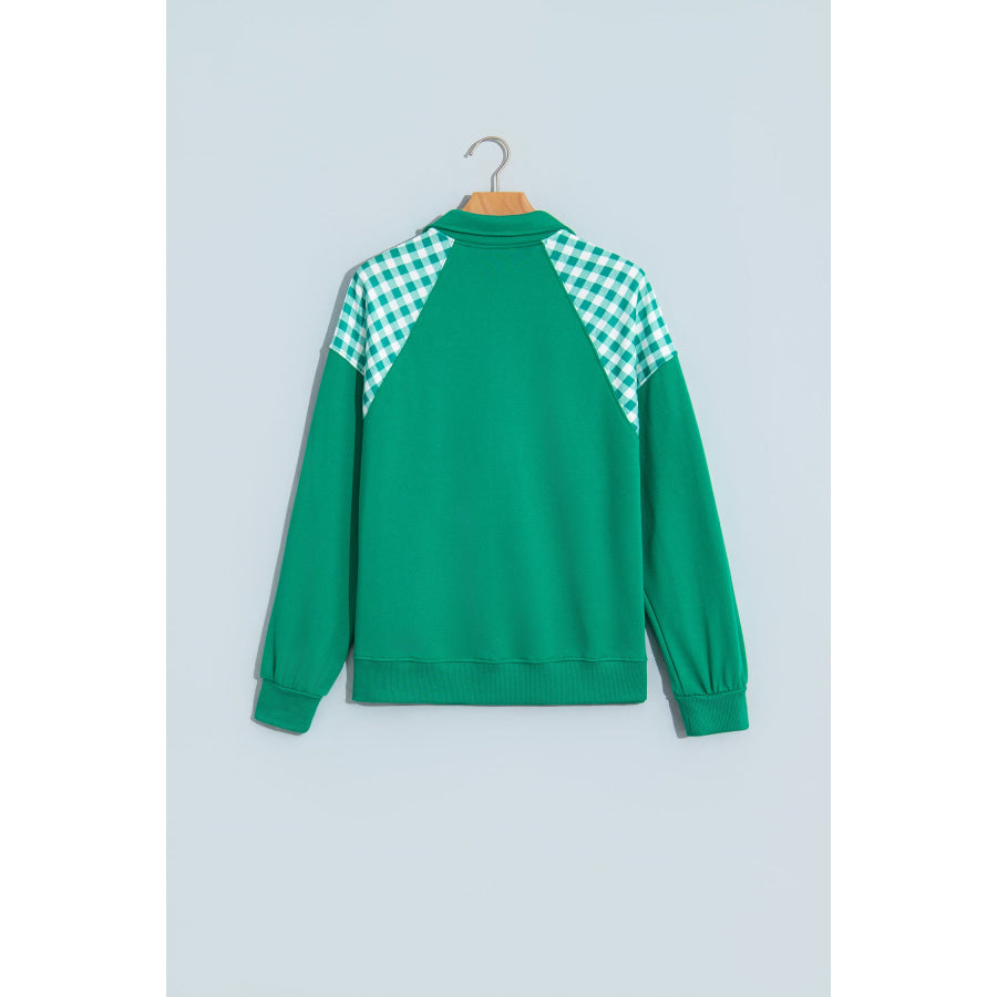 Dark Green Patchwork Plaid Pocket Quarter Zip Sweatshirt Tops/Sweatshirts & Hoodies