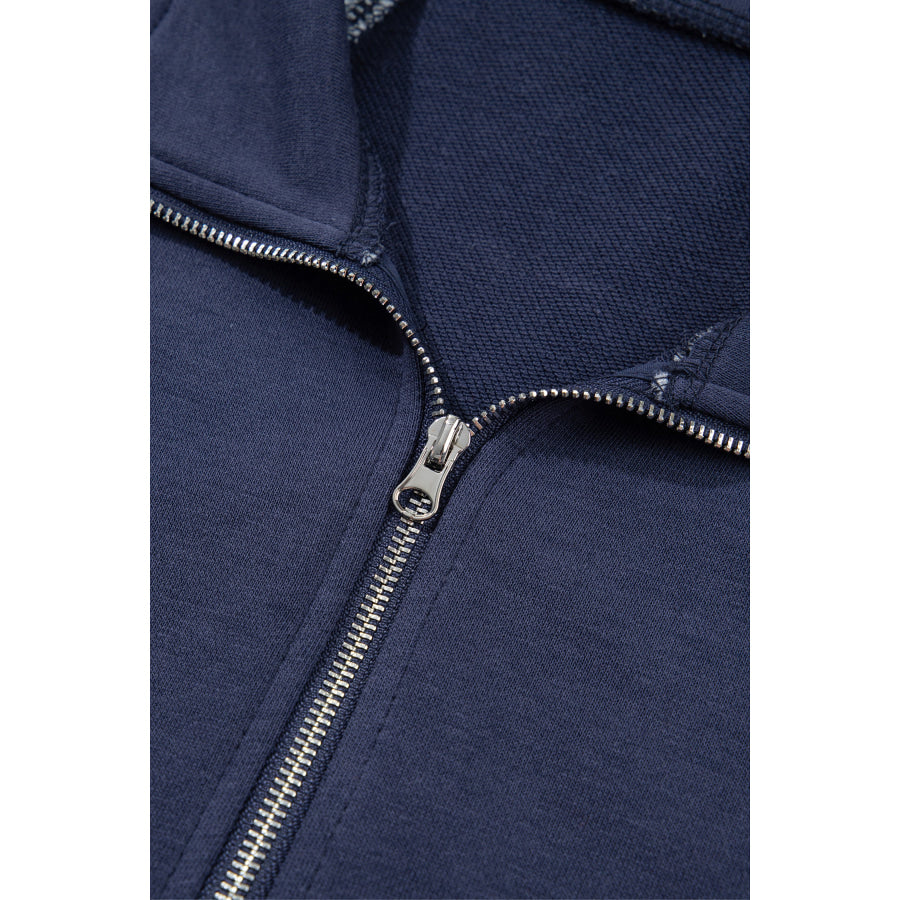 Dark Green Patchwork Plaid Pocket Quarter Zip Sweatshirt Tops/Sweatshirts & Hoodies