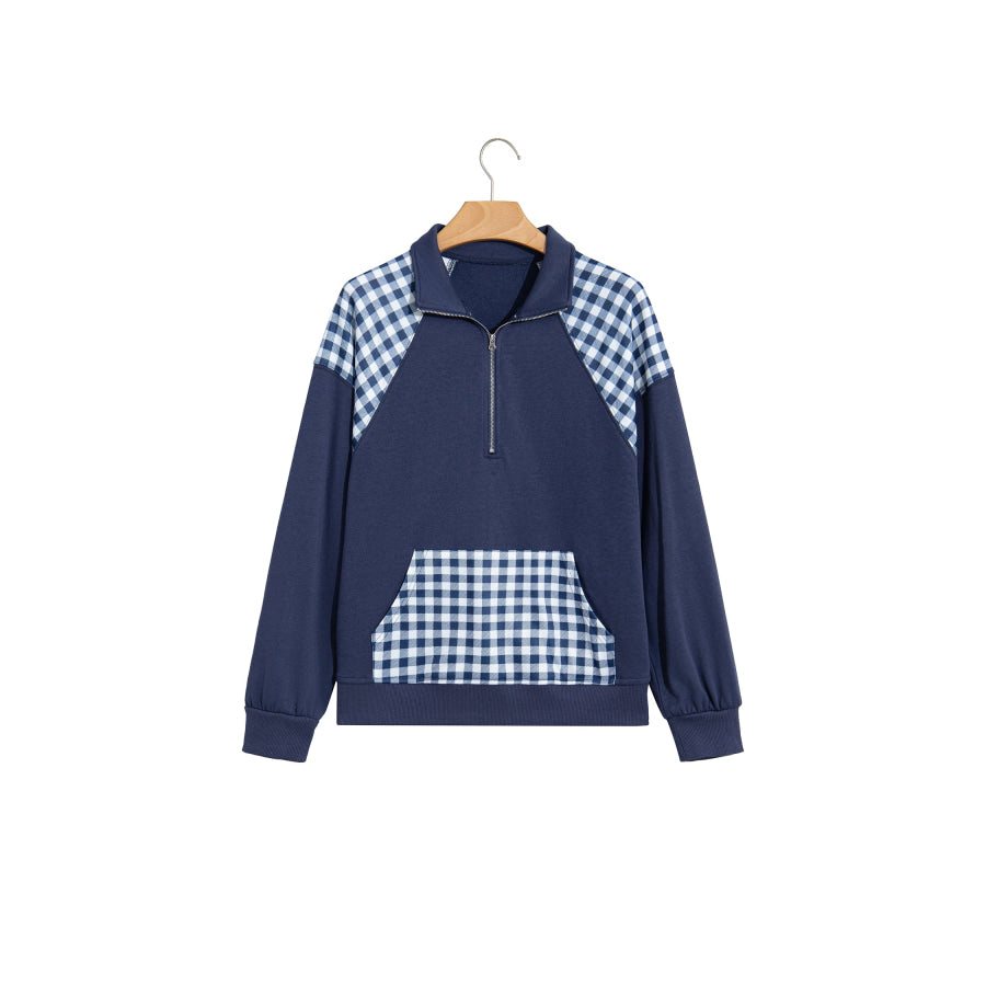 Dark Green Patchwork Plaid Pocket Quarter Zip Sweatshirt Tops/Sweatshirts & Hoodies