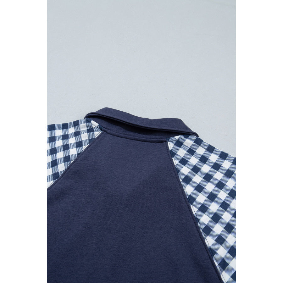 Dark Green Patchwork Plaid Pocket Quarter Zip Sweatshirt Tops/Sweatshirts & Hoodies
