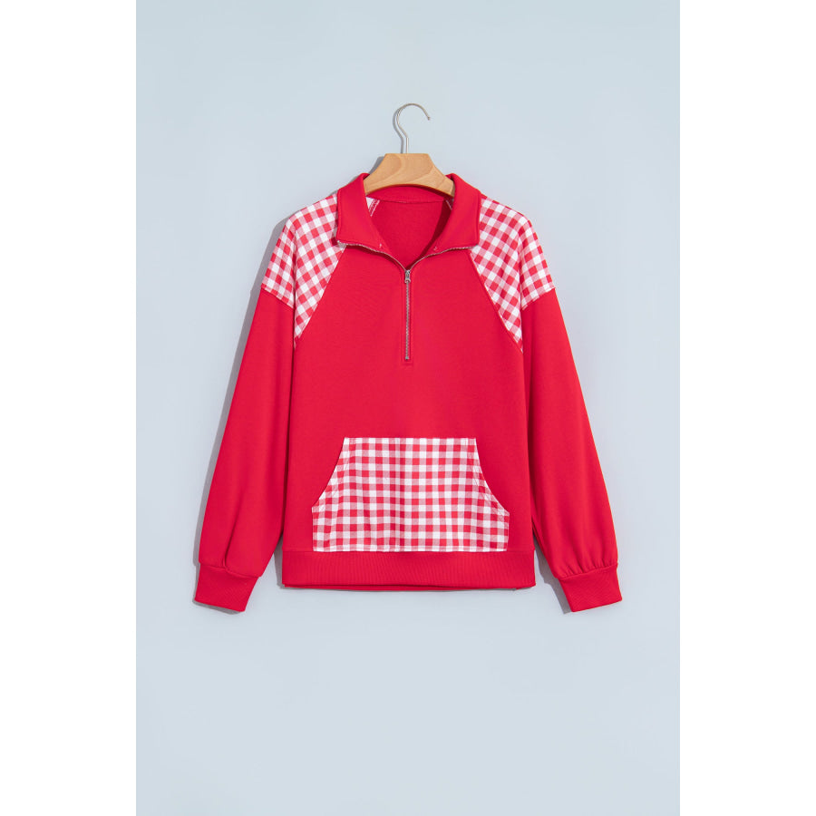 Dark Green Patchwork Plaid Pocket Quarter Zip Sweatshirt Tops/Sweatshirts & Hoodies