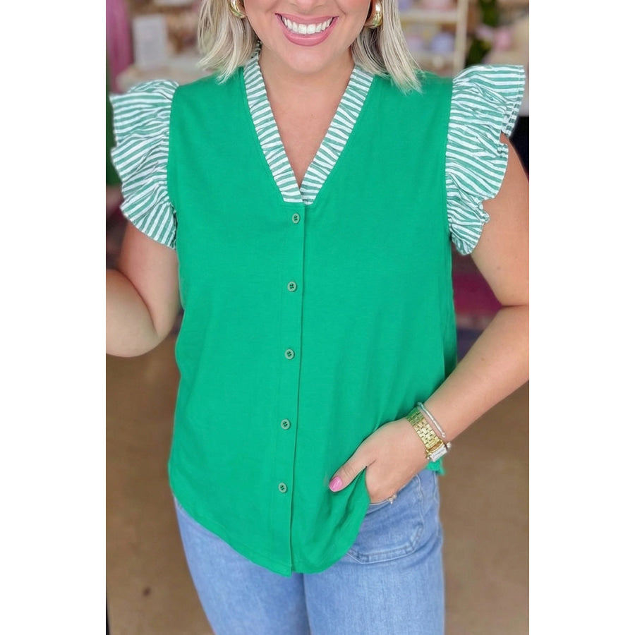 Dark Green Plus Size Button Front Ruffled Stripe Trim V Neck Flutter Sleeve Blouse Dark Green / 1X / 95% Cotton + 5% Elastane Plus
