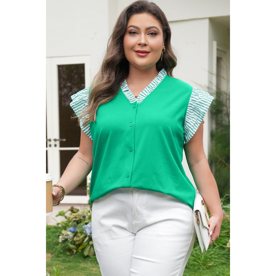 Dark Green Plus Size Button Front Ruffled Stripe Trim V Neck Flutter Sleeve Blouse Plus Size/Plus Size Tops/Plus Size Blouses & Shirts